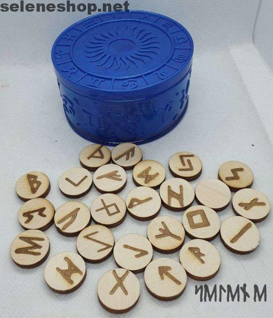 Rune in legno scatola in resina blu